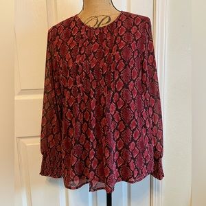 Michael Kors burgundy red snake print pin tuck front long sleeved blouse size S
